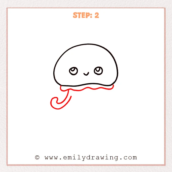 how to draw a cartoon jellyfish - Step 2 shows a cartoon jellyfish with an inner frill line added and one curled left tentacle starting under the frill.